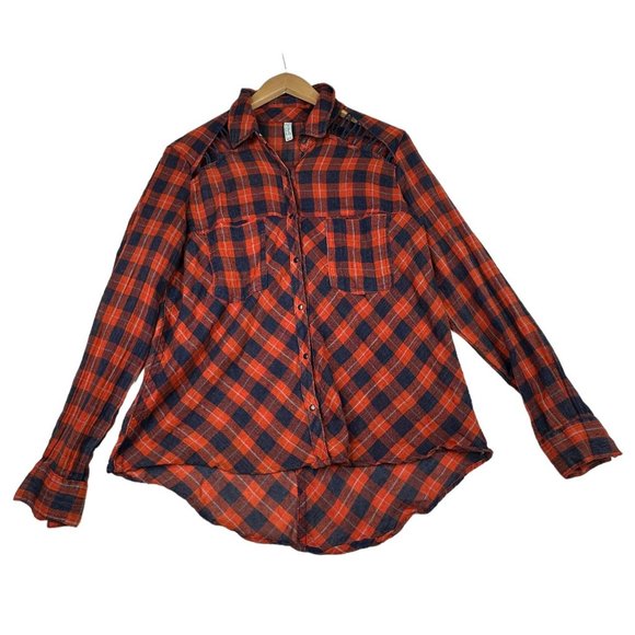 Free People Laceup Snap Button‎ Down Shirt size XS Orange/Blue - Picture 1 of 6